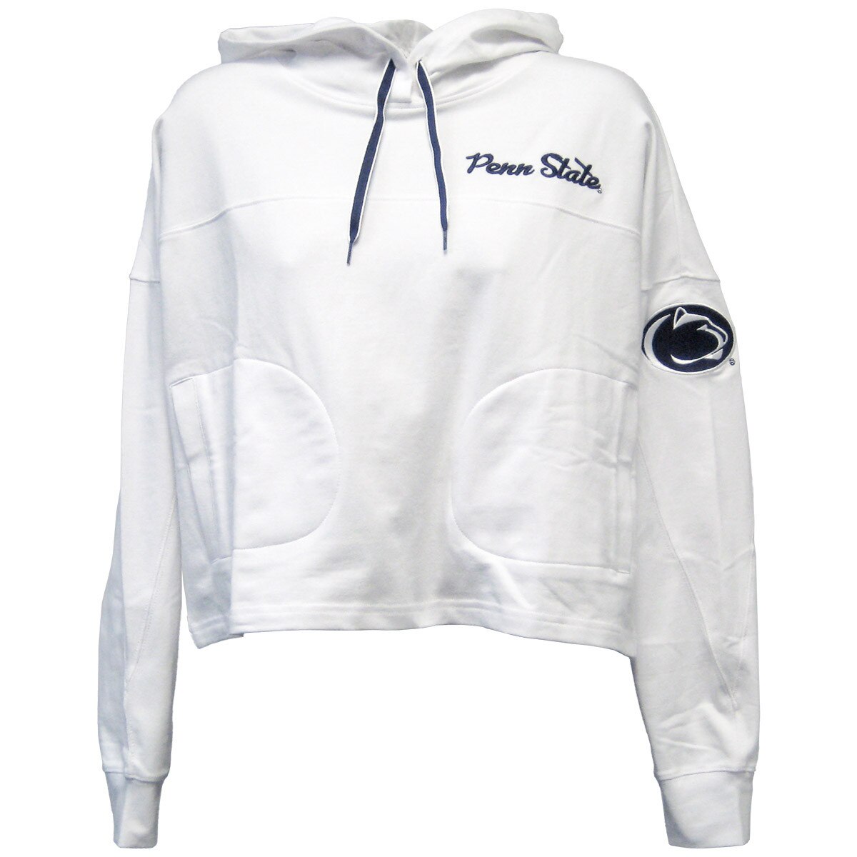 women's white hooded sweatshirt with embroidered Penn State and Athletic Logo